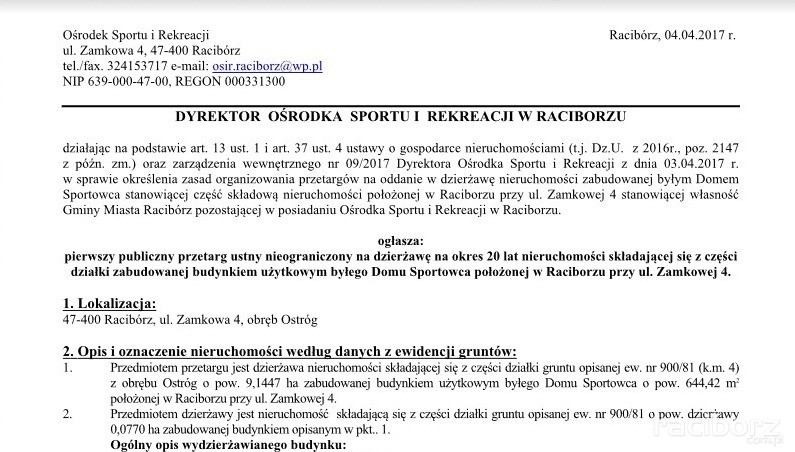 OSiR Racibórz wydzierżawi budynek byłego Domu Sportowca
