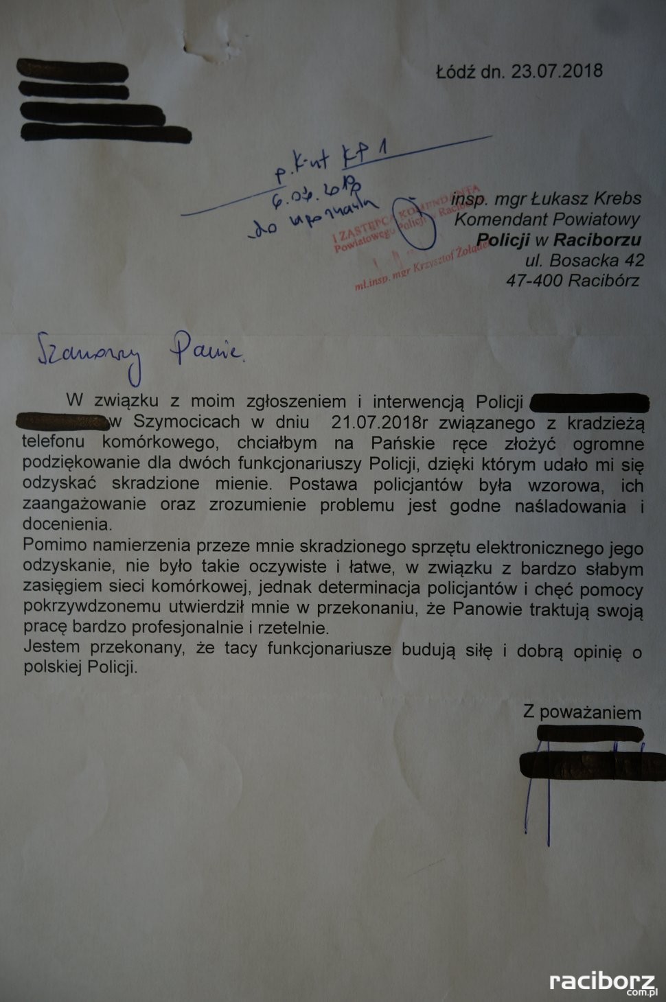 List z wyrazami uznania dla policjantów z Kuźni Raciborskiej.