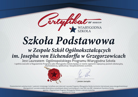 szkoła podstawowa grzegorzowice certyfikat